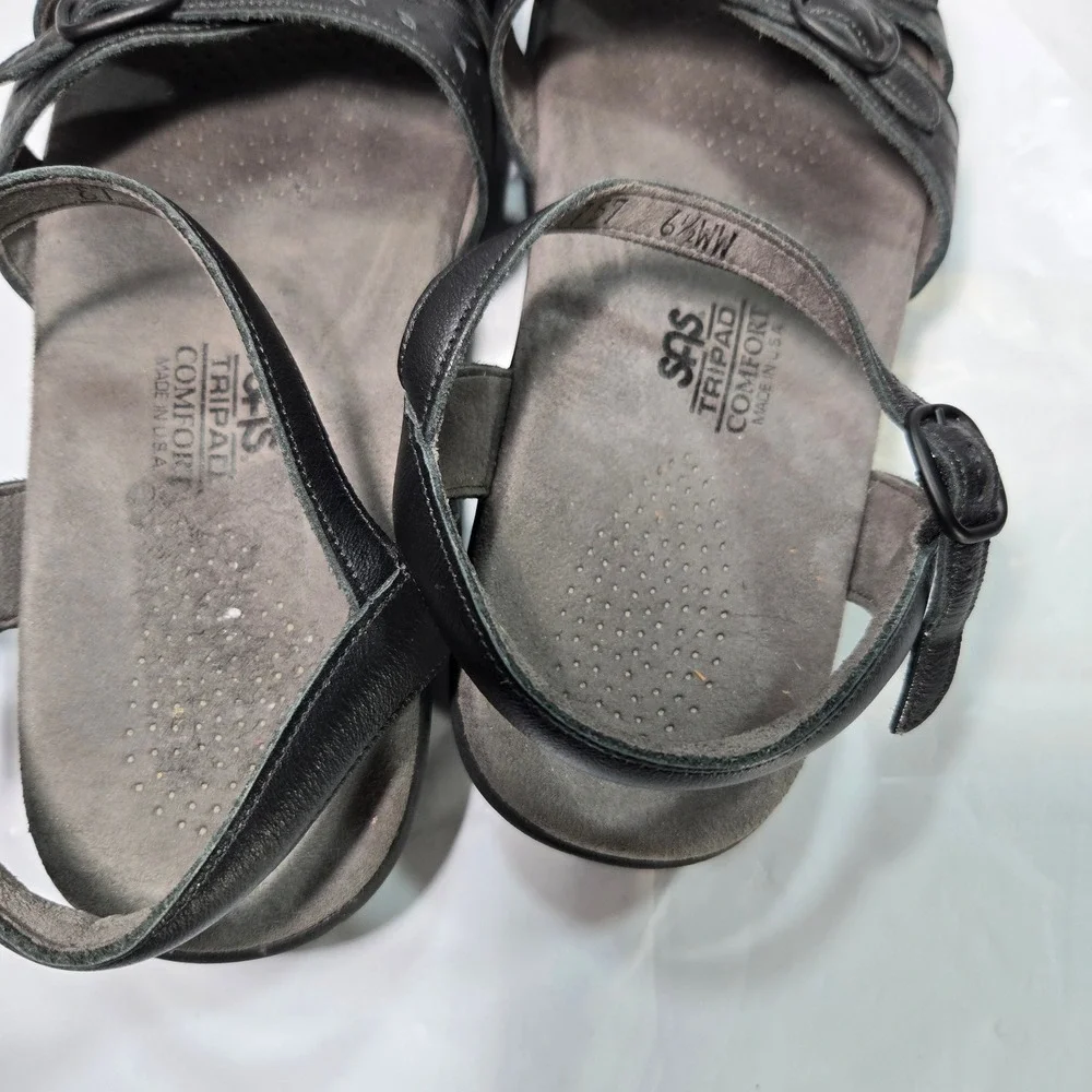 SAS Tripad Comfort Black Leather Wedge Sandals Womens 6.5 WW Wide Made in USA
